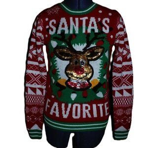 Santa's Favorite No Boundaries Ugly  Christmas Sweater Red Sequins Sz M 7/9 Jrs